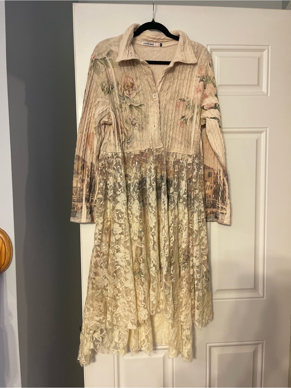 Origami Apparel Boho Shabby Chic Floral Lace Duster Shirt Dress L/Xl